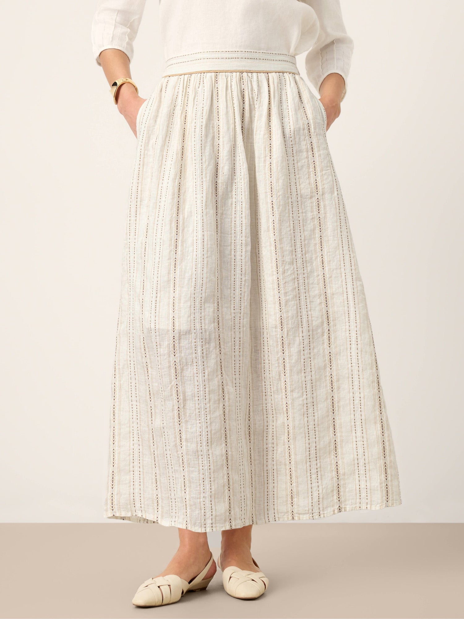 Linen Striped Contrast Trim A-Line Bohemian Skirt with Lining ISMERIE - Glamourous Grace
