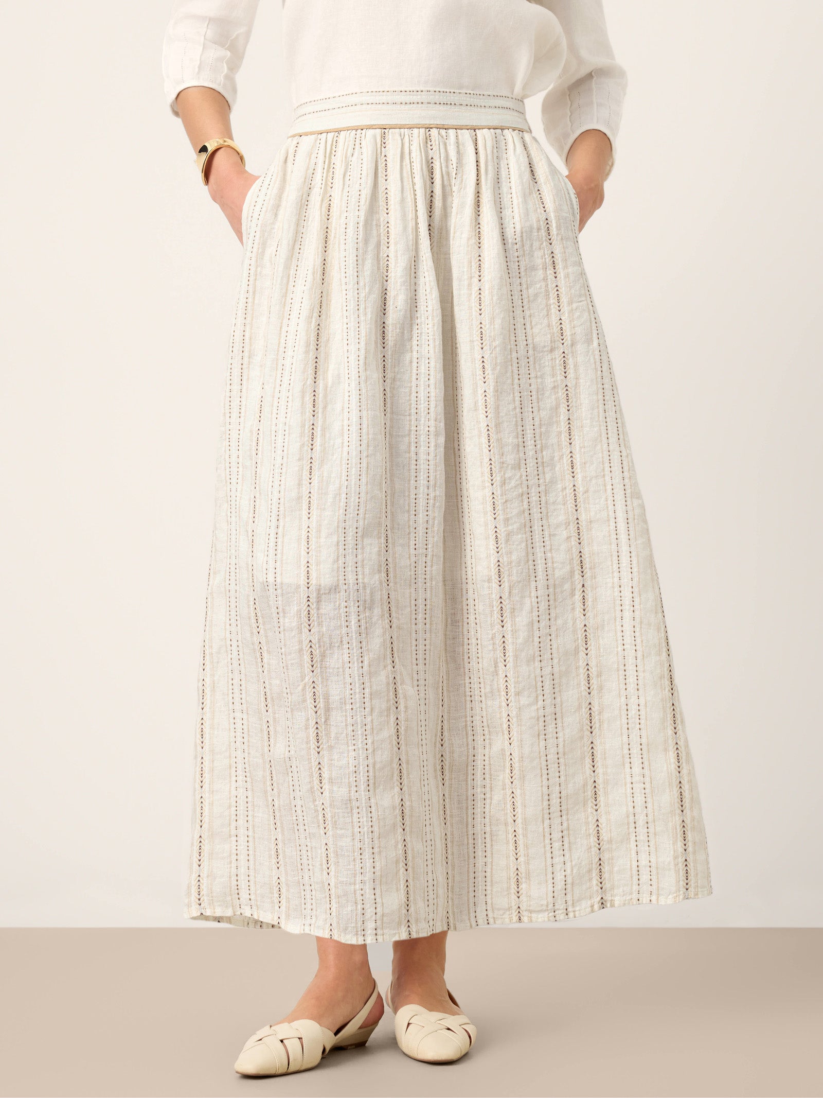 Linen Striped Contrast Trim A-Line Bohemian Skirt with Lining ISMERIE - Glamourous Grace
