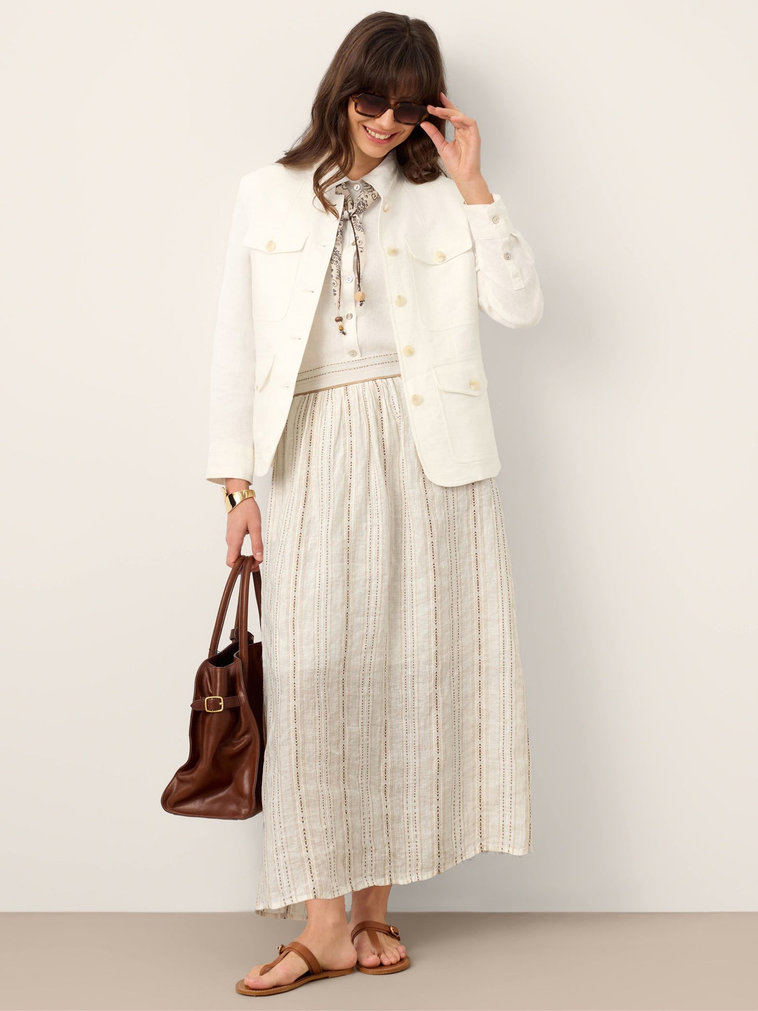 Linen Striped Contrast Trim A-Line Bohemian Skirt with Lining ISMERIE - Glamourous Grace