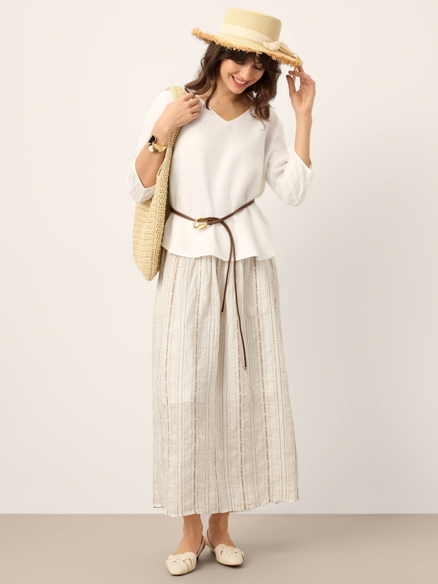 Linen Striped Contrast Trim A-Line Bohemian Skirt with Lining ISMERIE - Glamourous Grace