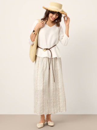 Linen Striped Contrast Trim A-Line Bohemian Skirt with Lining ISMERIE - Glamourous Grace