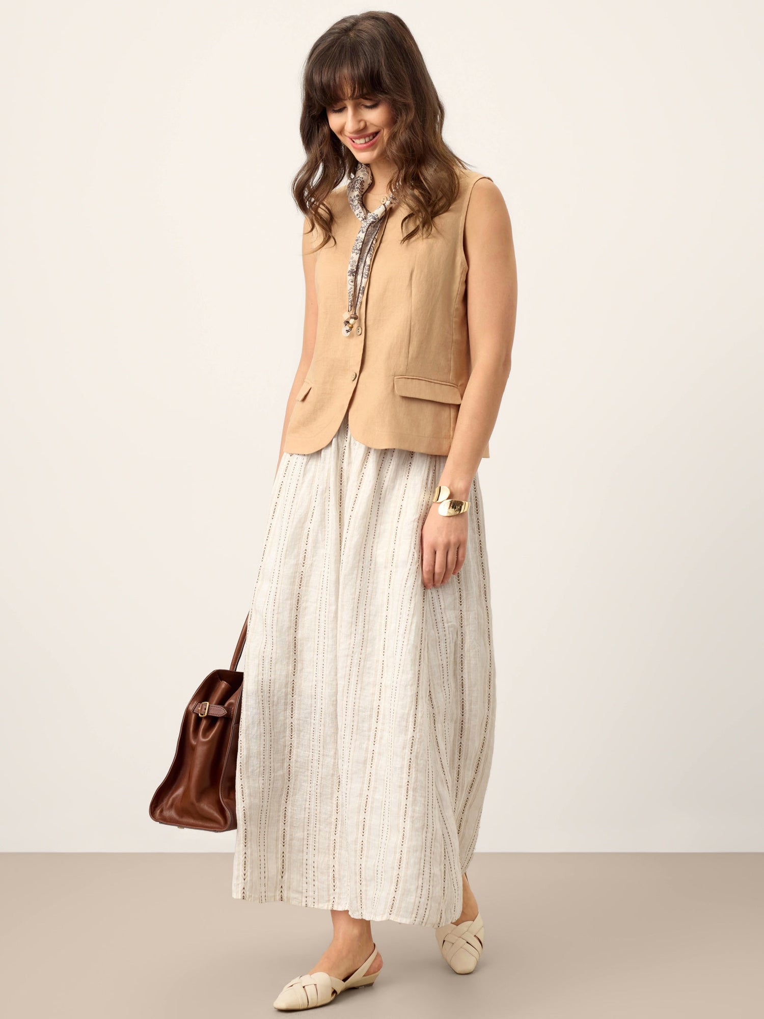Linen Striped Contrast Trim A-Line Bohemian Skirt with Lining ISMERIE - Glamourous Grace