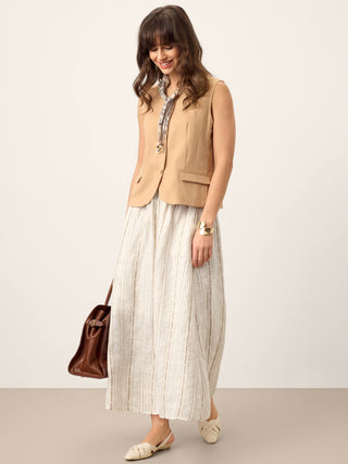 Linen Striped Contrast Trim A-Line Bohemian Skirt with Lining ISMERIE - Glamourous Grace