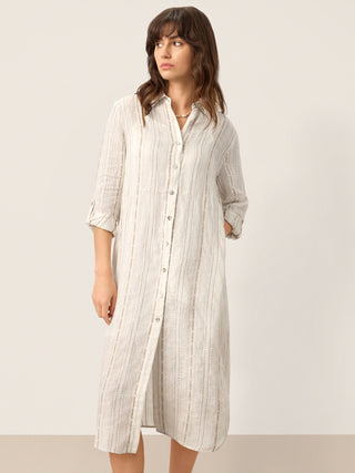 Linen Striped Tab-Sleeve Bohemia Shirt Dress BLYTHE