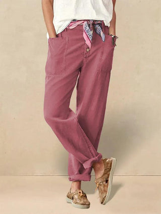 LINTICO Linen simple button fly trousers in raspberry pink, lightweight linen blend fabric, casual stylish bottoms for women