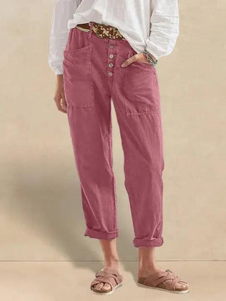 LINTICO Linen Simple Button Fly Trousers in Raspberry Pink, stylish linen blend bottoms with a button fly and relaxed fit.