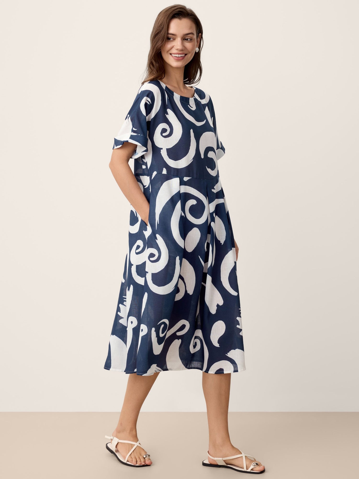 Linen Abstract-Print Pleated-Waist Midi Dress PRIYA - Glamourous Grace