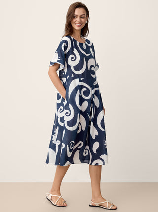 Linen Abstract-Print Pleated-Waist Midi Dress PRIYA - Glamourous Grace