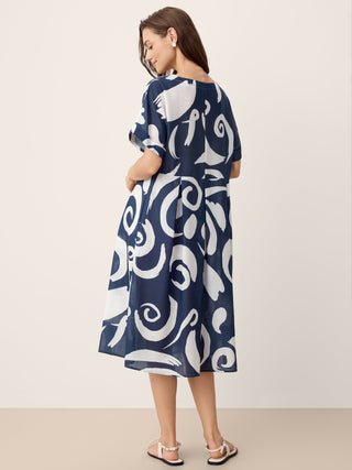 Linen Abstract-Print Pleated-Waist Midi Dress PRIYA - Glamourous Grace