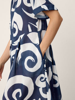 Linen Abstract-Print Pleated-Waist Midi Dress PRIYA - Glamourous Grace