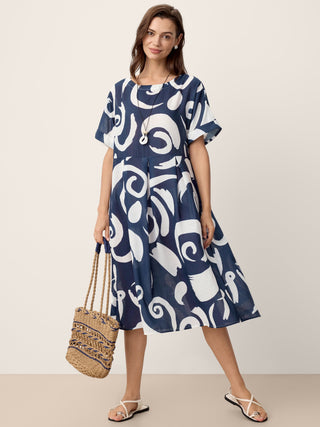 Linen Abstract-Print Pleated-Waist Midi Dress PRIYA - Glamourous Grace