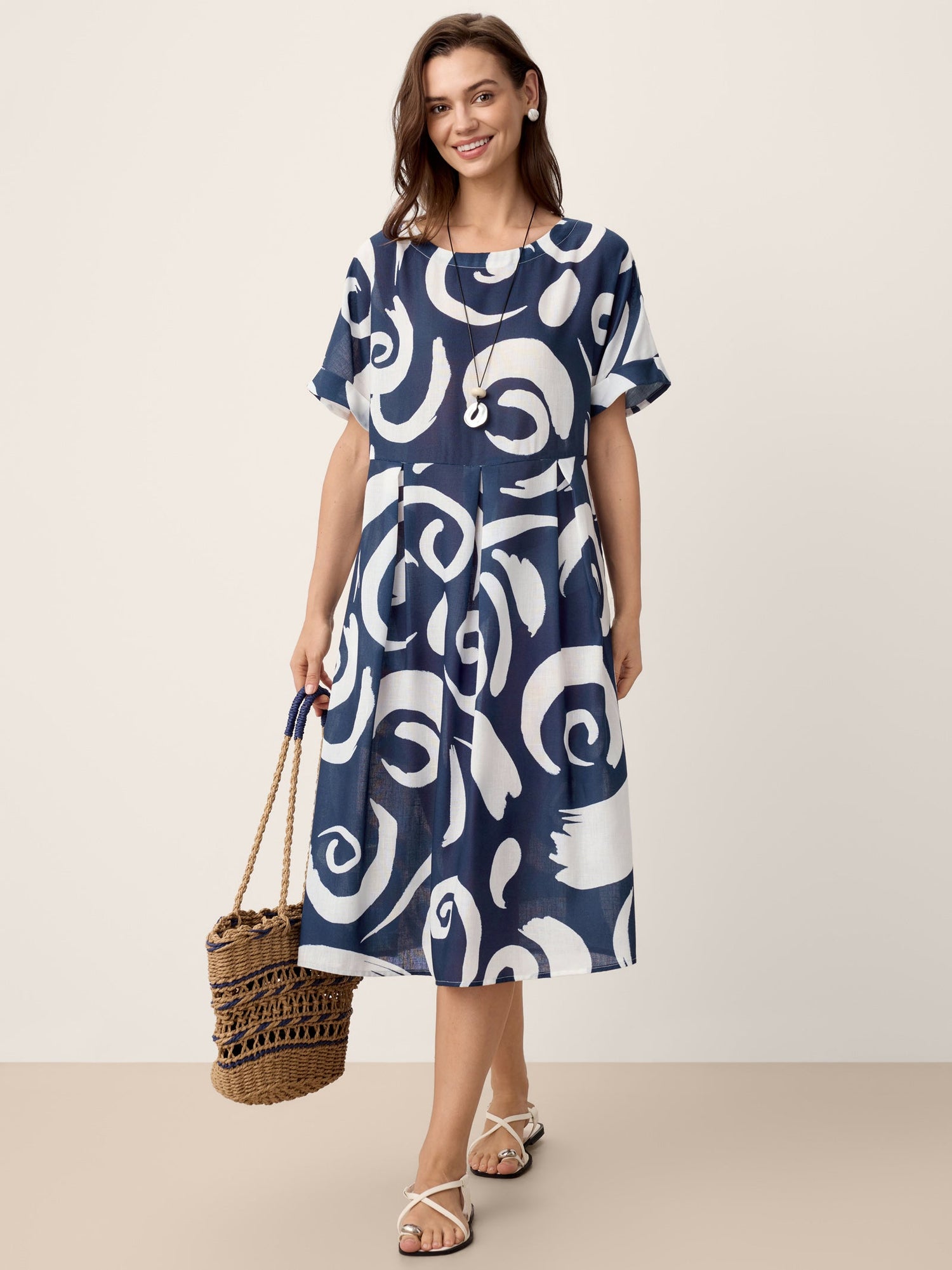 Linen Abstract-Print Pleated-Waist Midi Dress PRIYA - Glamourous Grace