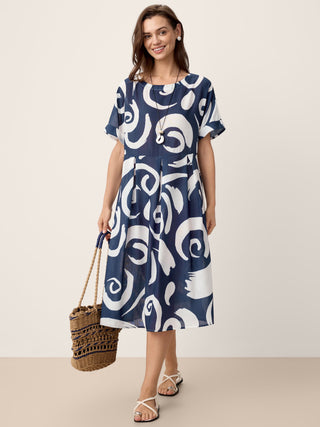 Linen Abstract-Print Pleated-Waist Midi Dress PRIYA - Glamourous Grace