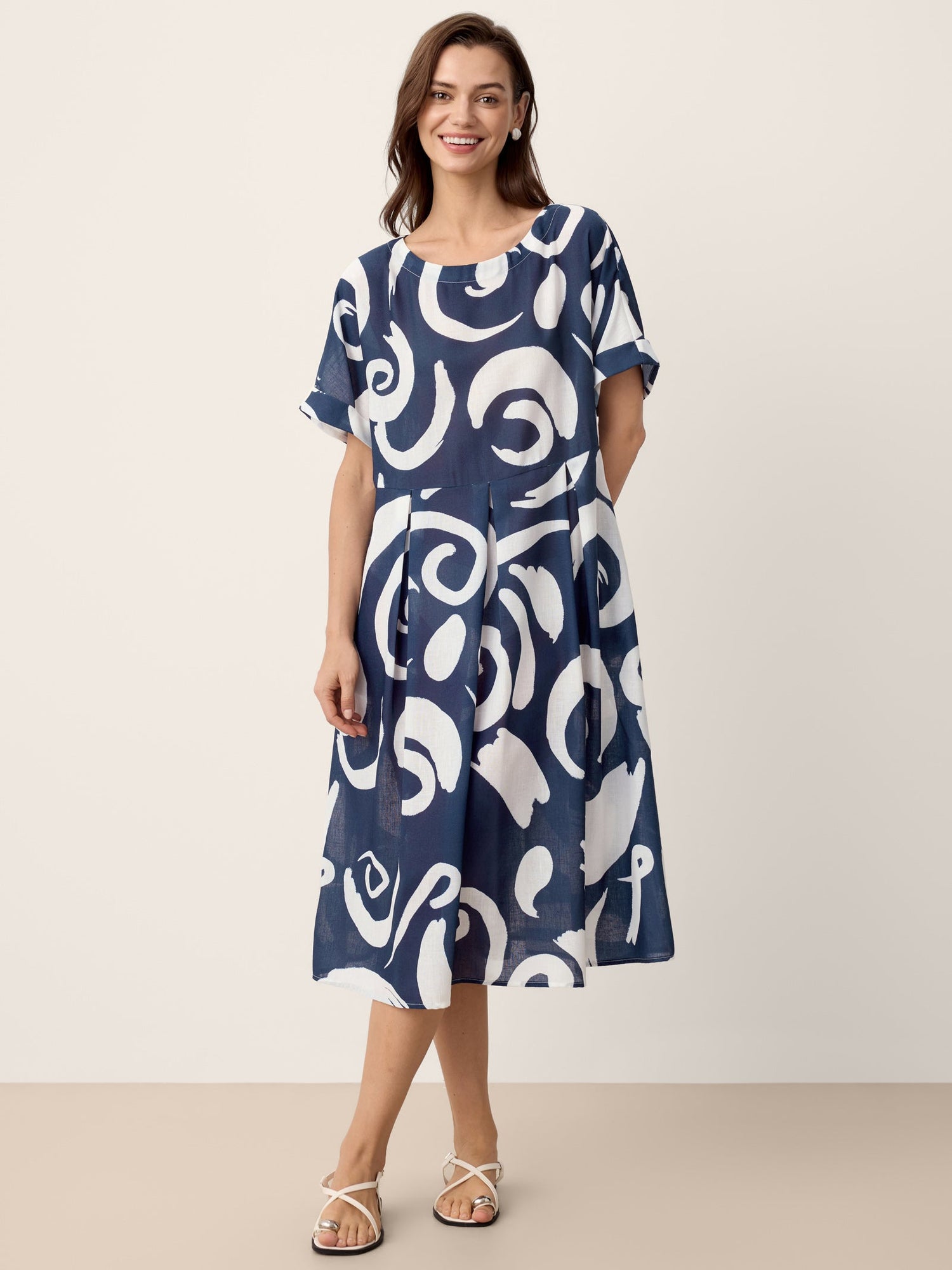 Linen Abstract-Print Pleated-Waist Midi Dress PRIYA - Glamourous Grace