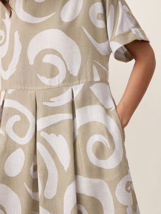 Linen Abstract-Print Pleated-Waist Midi Dress PRIYA - Glamourous Grace