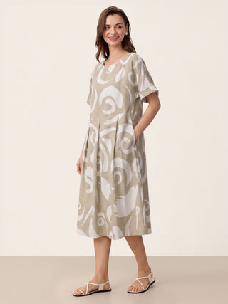 Linen Abstract-Print Pleated-Waist Midi Dress PRIYA - Glamourous Grace
