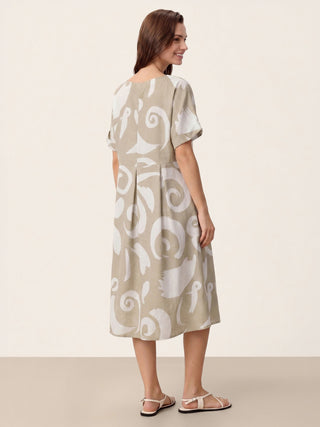 Linen Abstract-Print Pleated-Waist Midi Dress PRIYA - Glamourous Grace