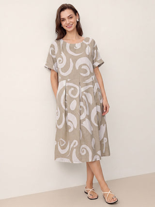 Linen Abstract-Print Pleated-Waist Midi Dress PRIYA - Glamourous Grace