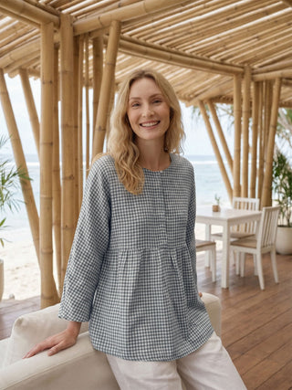 Linen Checked Long-Sleeved Top CAROLINE - Glamourous Grace