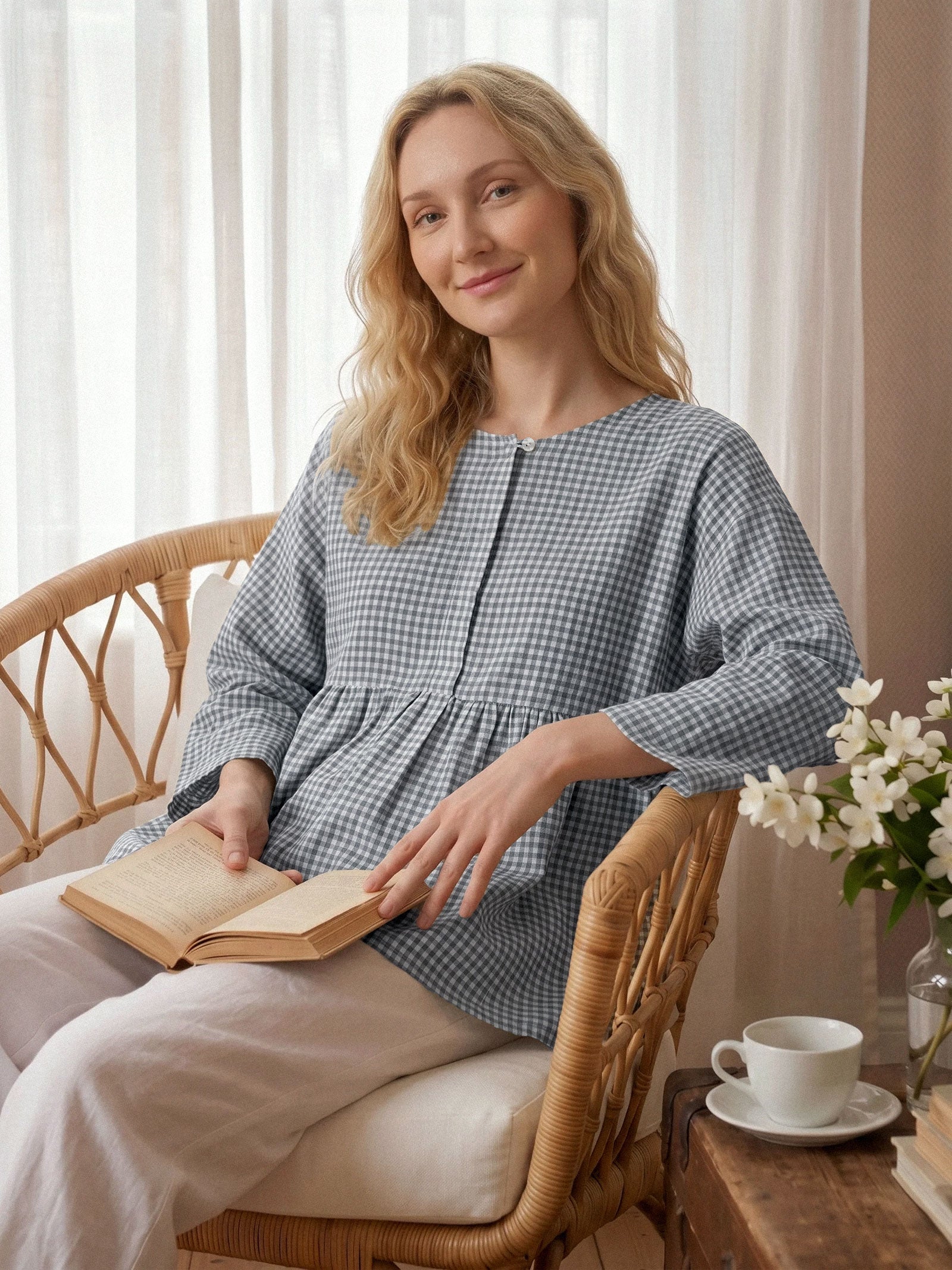 Linen Checked Long-Sleeved Top CAROLINE - Glamourous Grace