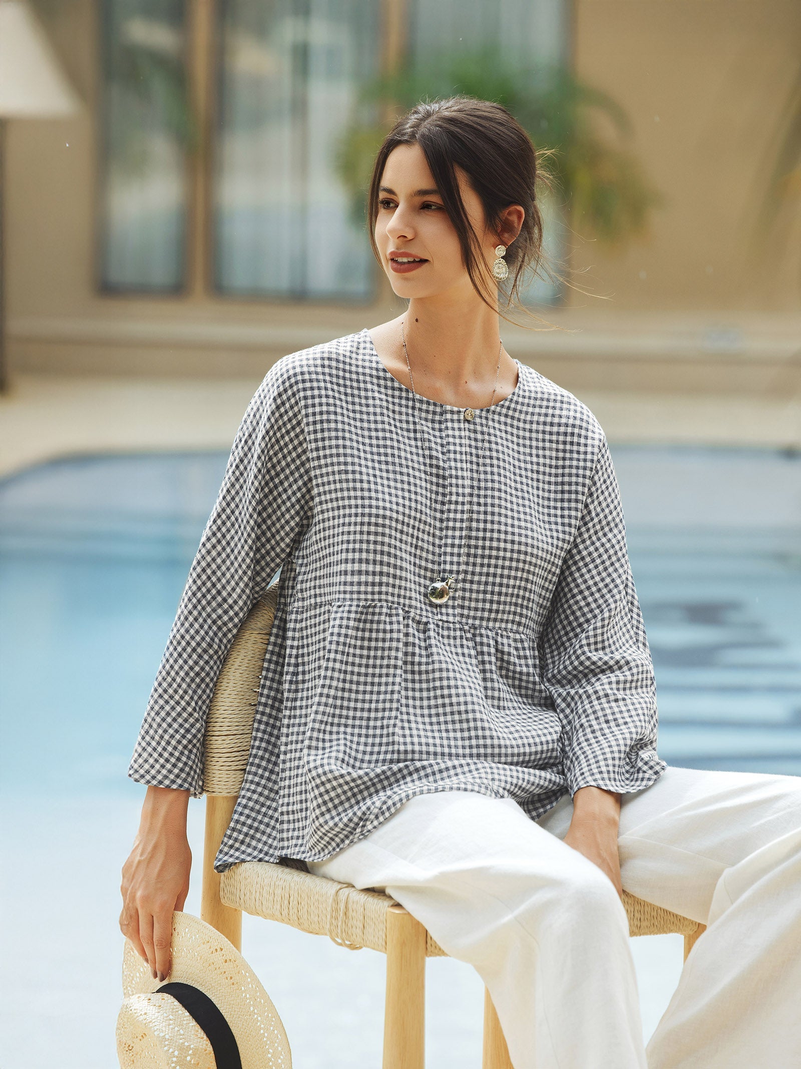 Linen Checked Long-Sleeved Top CAROLINE - Glamourous Grace