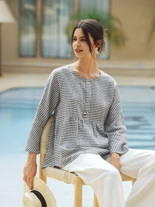 Linen Checked Long-Sleeved Top CAROLINE - Glamourous Grace