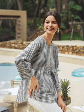 Linen Checked Long-Sleeved Top CAROLINE - Glamourous Grace