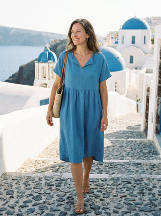 Linen Gathered-Hem Split-Neck Midi Dress SYDNEY - Glamourous Grace