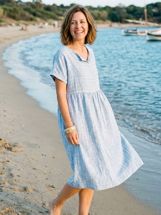 Linen Gathered-Hem Split-Neck Midi Dress SYDNEY - Glamourous Grace