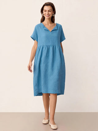 Linen Gathered-Hem Split-Neck Midi Dress SYDNEY - Glamourous Grace