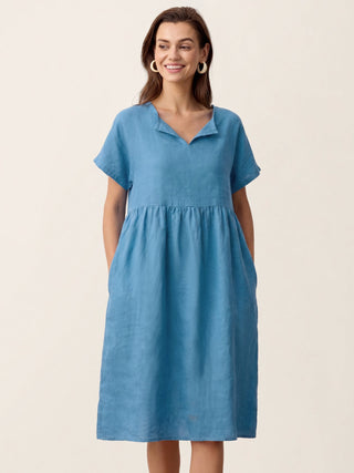 Linen Gathered-Hem Split-Neck Midi Dress SYDNEY - Glamourous Grace