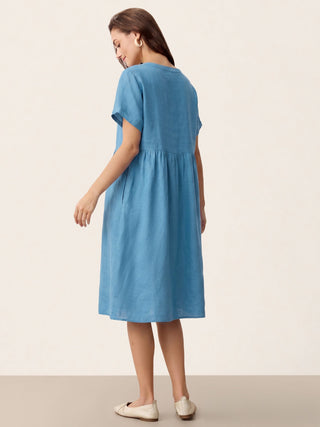 Linen Gathered-Hem Split-Neck Midi Dress SYDNEY - Glamourous Grace