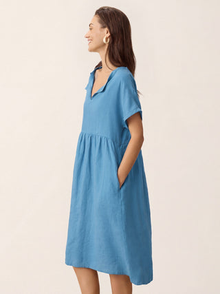 Linen Gathered-Hem Split-Neck Midi Dress SYDNEY - Glamourous Grace