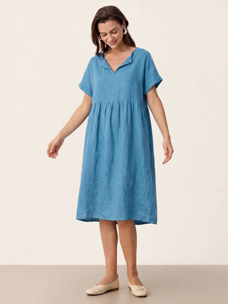 Linen Gathered-Hem Split-Neck Midi Dress SYDNEY - Glamourous Grace