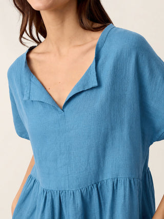 Linen Gathered-Hem Split-Neck Midi Dress SYDNEY - Glamourous Grace