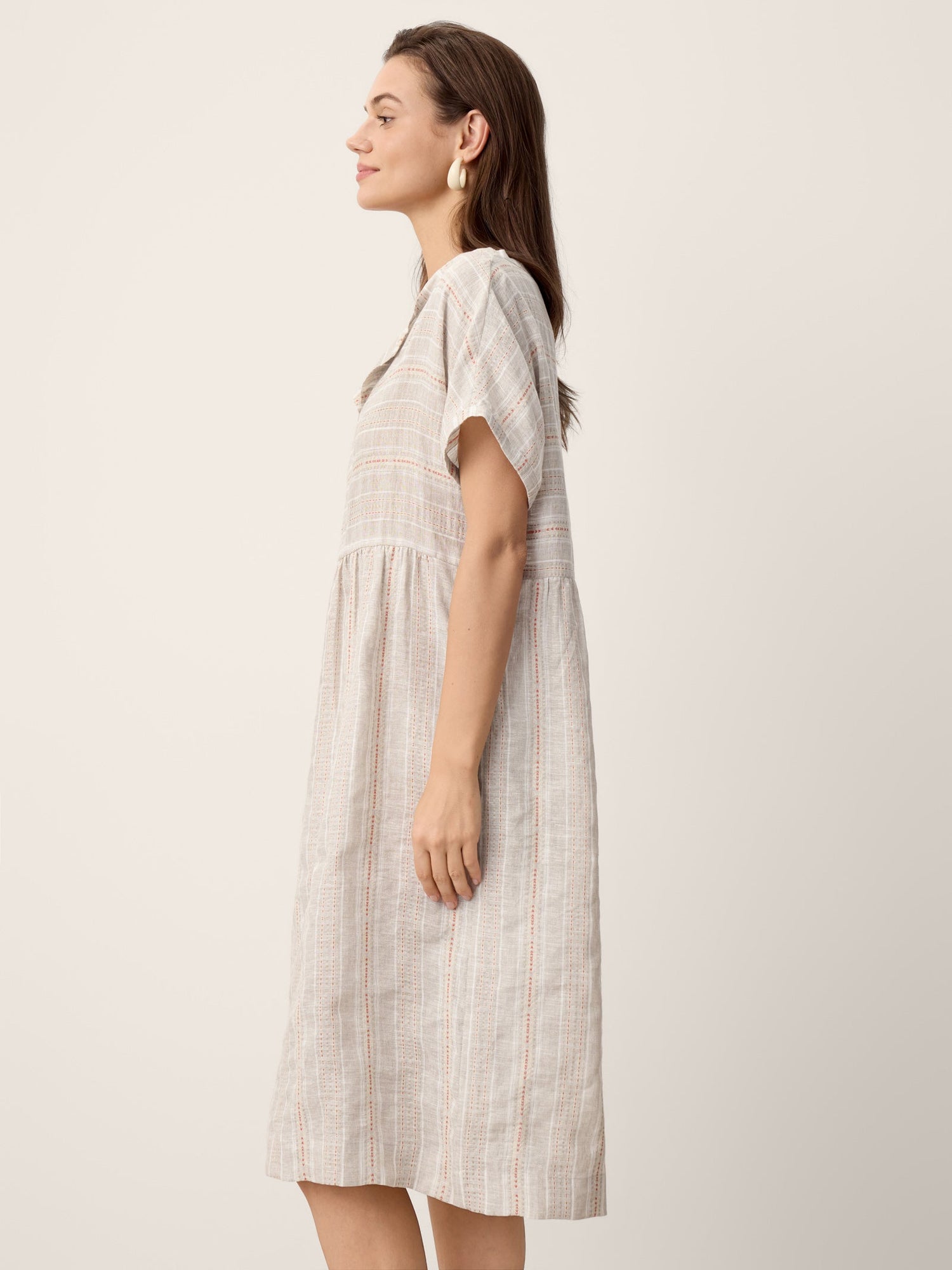 Linen Gathered-Hem Split-Neck Midi Dress SYDNEY - Glamourous Grace