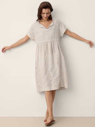 Linen Gathered-Hem Split-Neck Midi Dress SYDNEY - Glamourous Grace