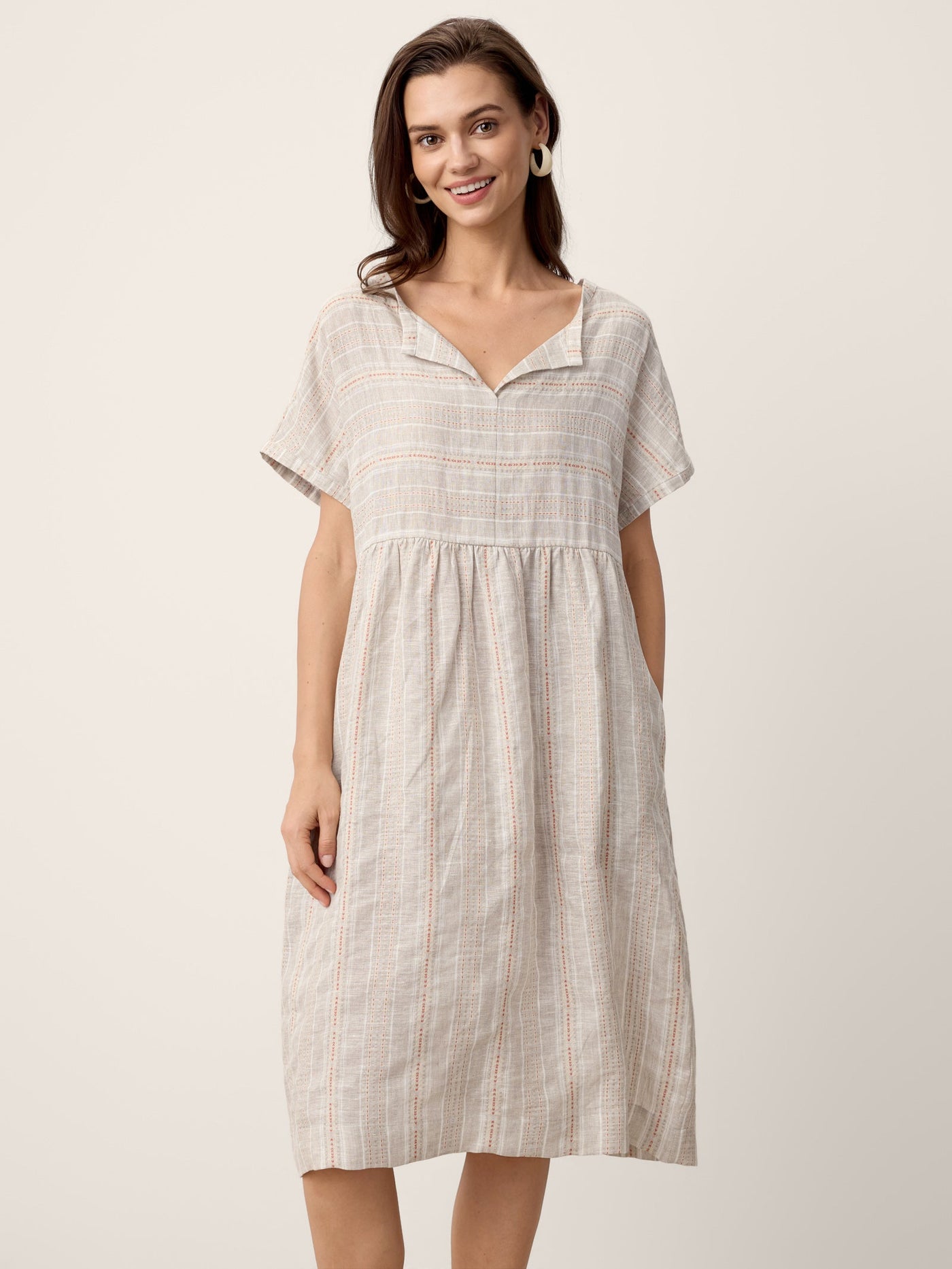 Linen Gathered-Hem Split-Neck Mini Dress SYDNEY - Glamourous Grace