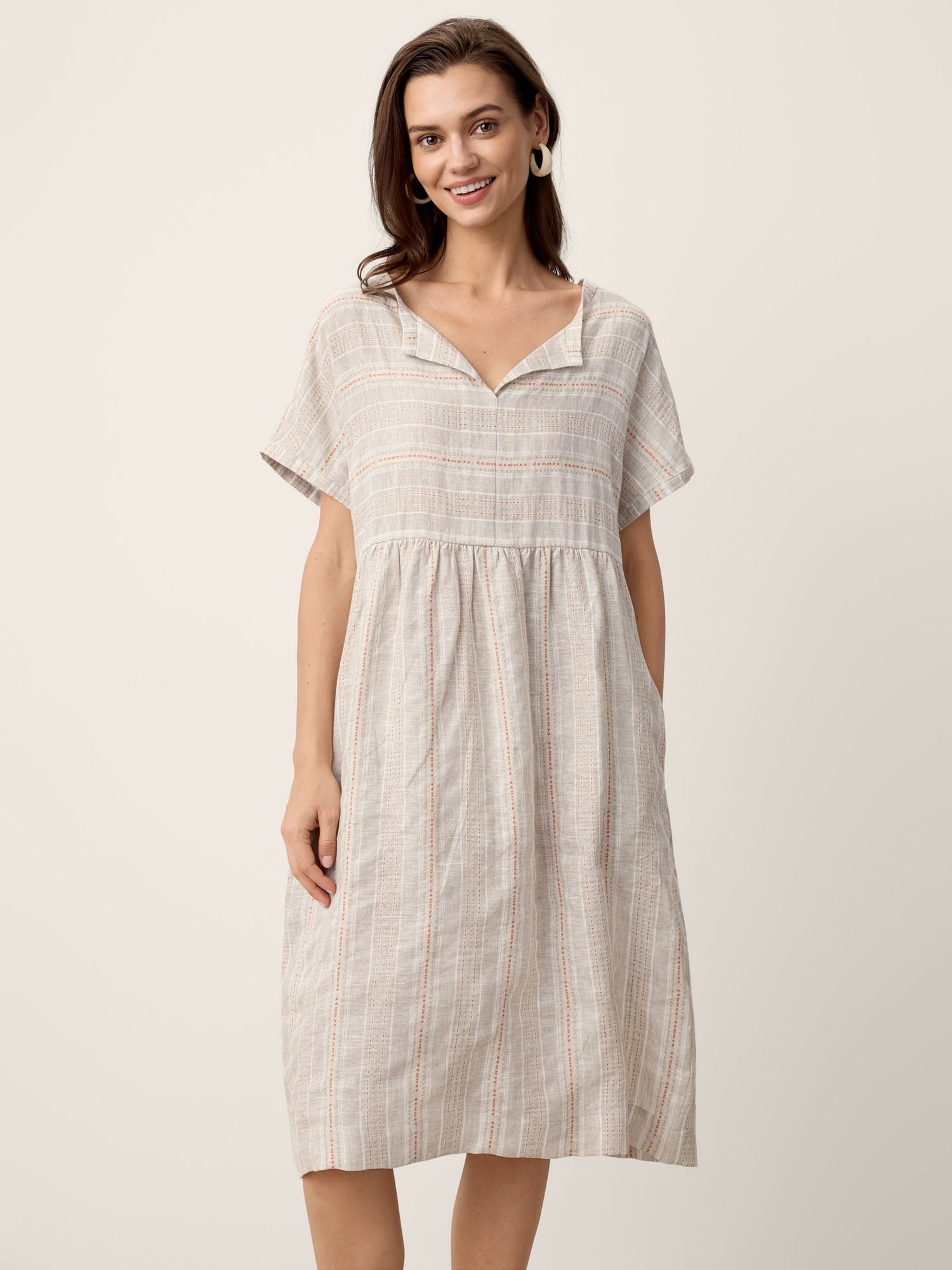 Linen Gathered-Hem Split-Neck Midi Dress SYDNEY - Glamourous Grace