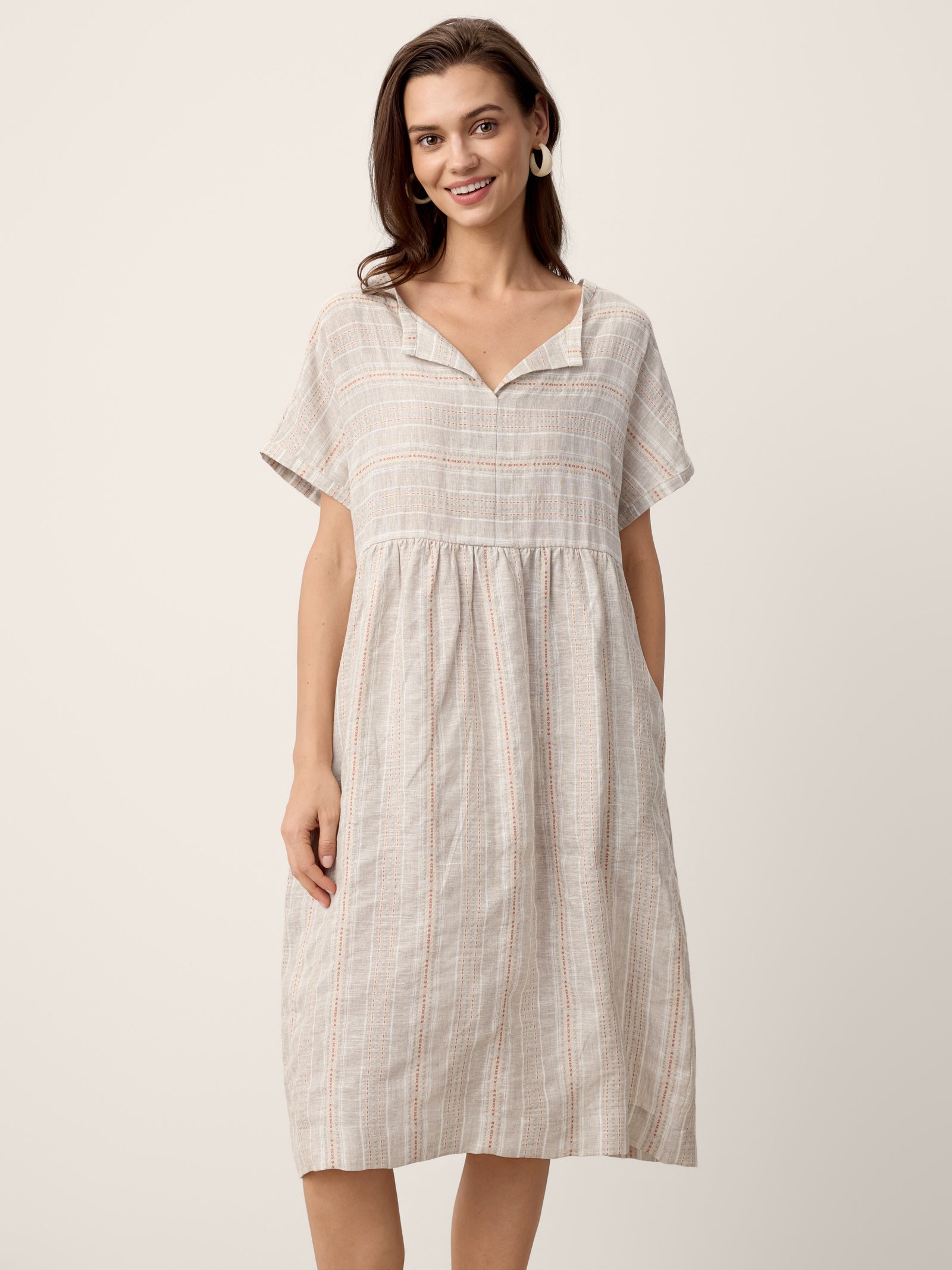 Linen Gathered-Hem Split-Neck Mini Dress SYDNEY - Glamourous Grace