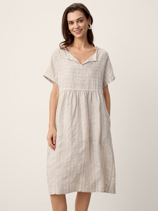 Linen Gathered-Hem Split-Neck Midi Dress SYDNEY - Glamourous Grace