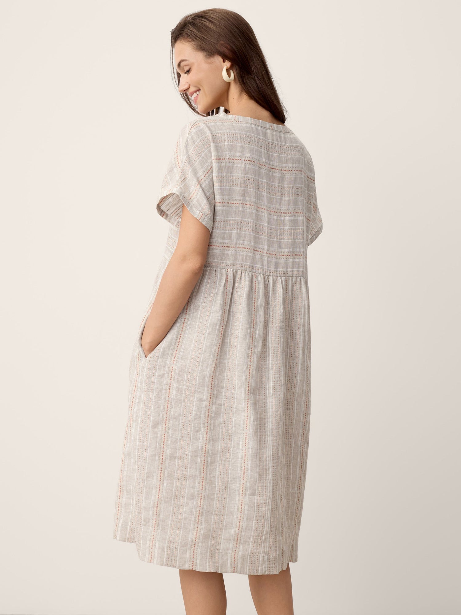 Linen Gathered-Hem Split-Neck Midi Dress SYDNEY - Glamourous Grace