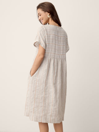 Linen Gathered-Hem Split-Neck Midi Dress SYDNEY - Glamourous Grace