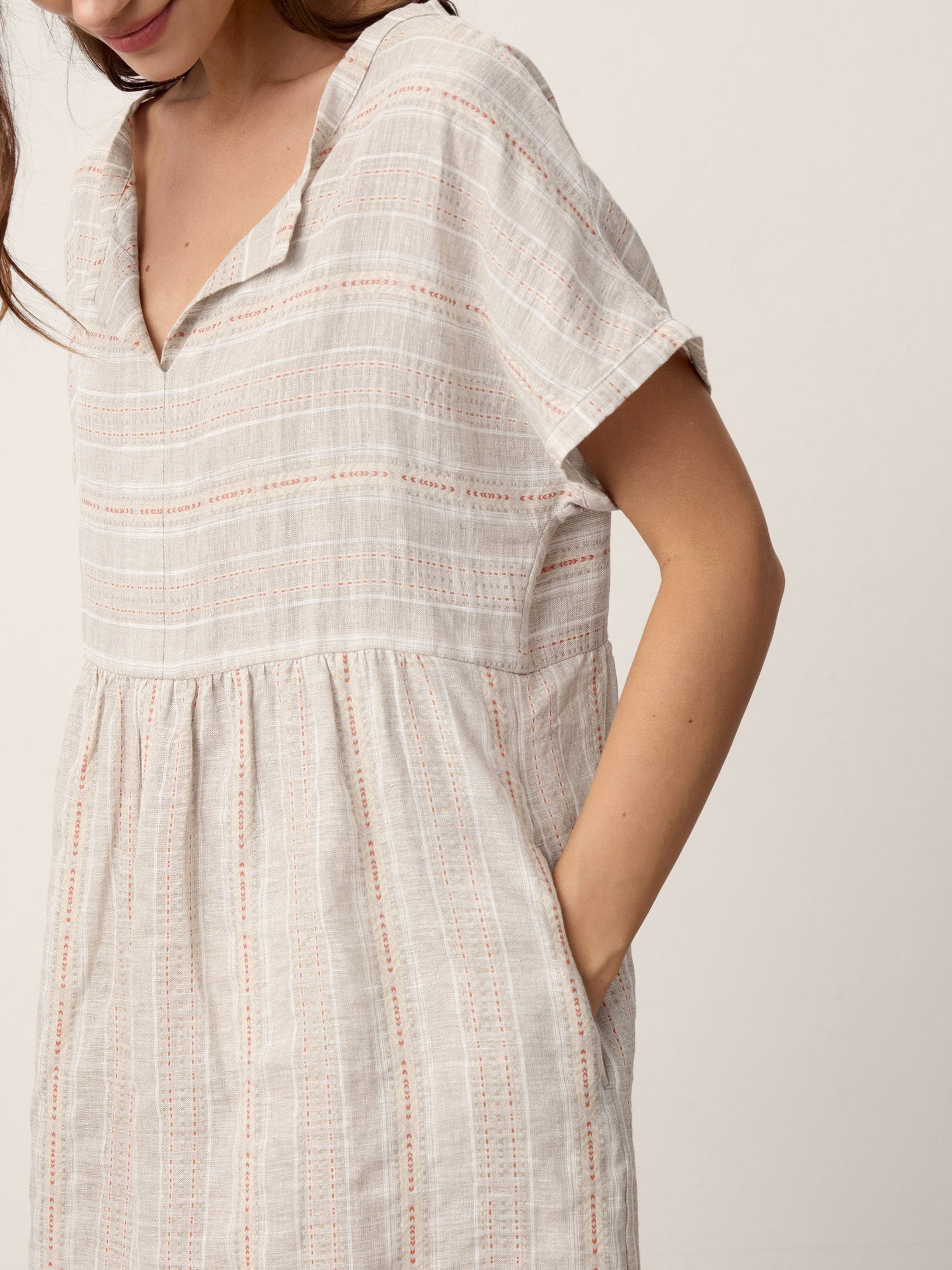 Linen Gathered-Hem Split-Neck Midi Dress SYDNEY - Glamourous Grace