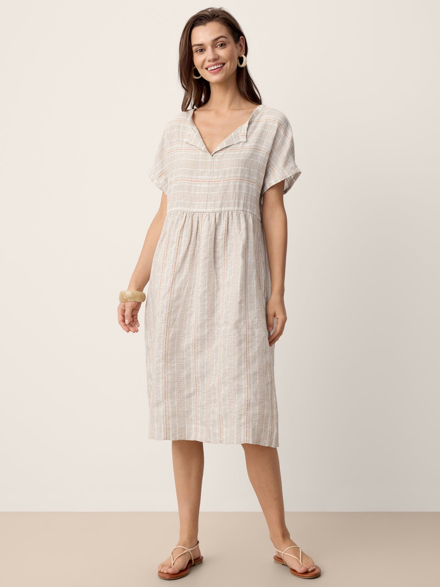 Linen Gathered-Hem Split-Neck Midi Dress SYDNEY - Glamourous Grace