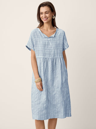 Linen Gathered-Hem Split-Neck Midi Dress SYDNEY - Glamourous Grace