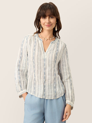Linen Tribal Stripe Split Neck Bohemian Blouse KERENZA - Glamourous Grace