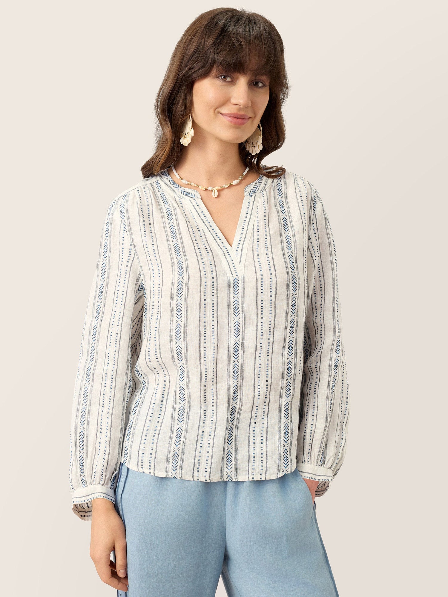 Linen Tribal Stripe Split Neck Bohemian Blouse KERENZA - Glamourous Grace