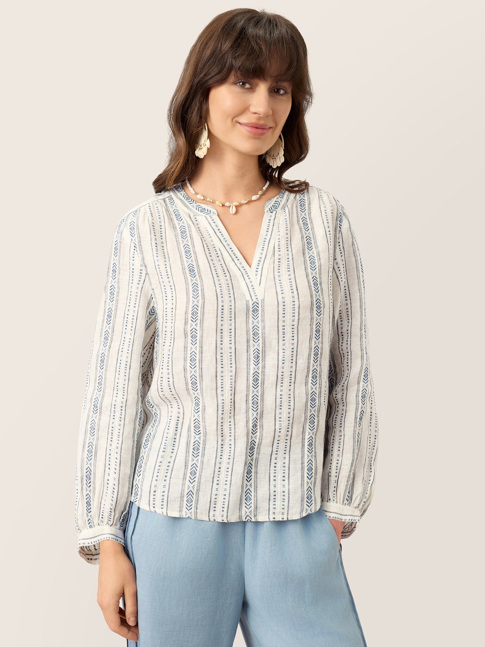 Linen Tribal Stripe Split Neck Bohemian Blouse KERENZA - Glamourous Grace
