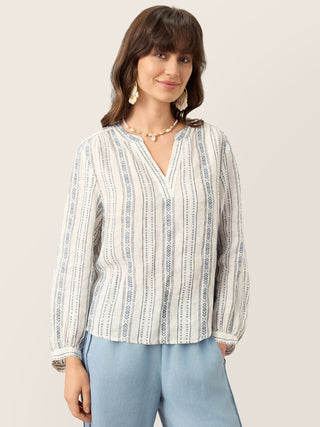 Linen Tribal Stripe Split Neck Bohemian Blouse KERENZA - Glamourous Grace